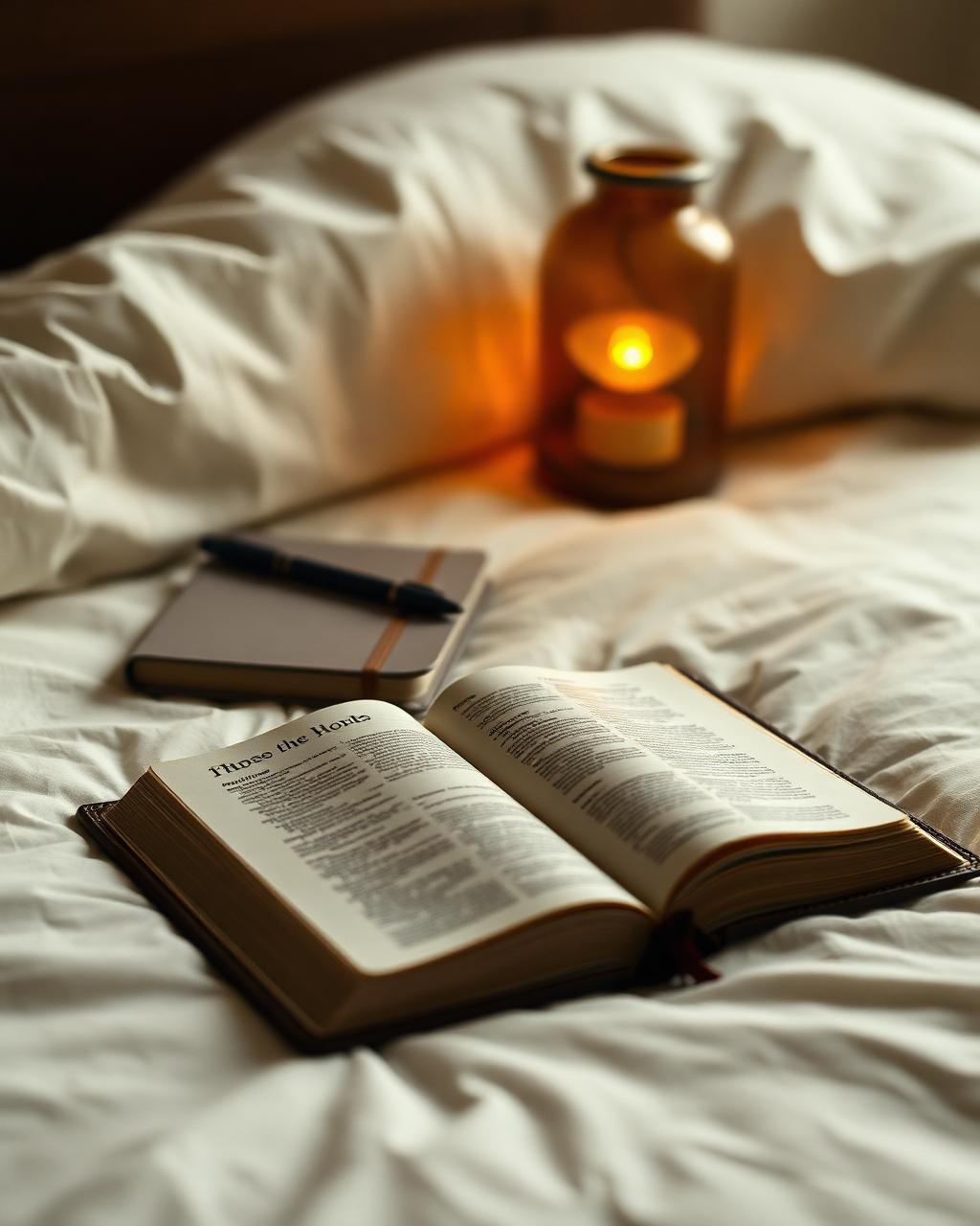 An open Bible and journal on a bed beside a warm bedside lamp
