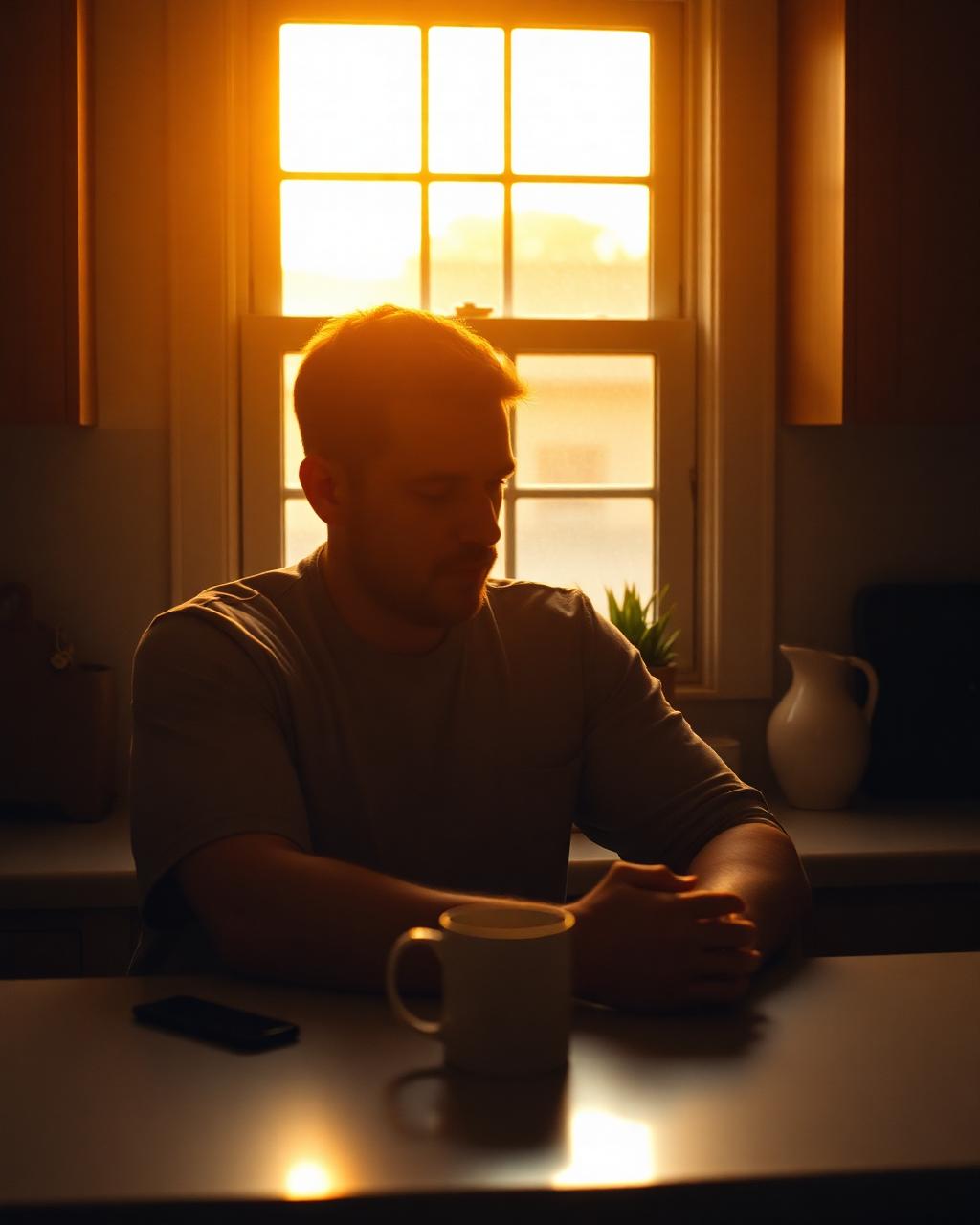 Man at his kitchen counter at sunrise, looking down in thought
