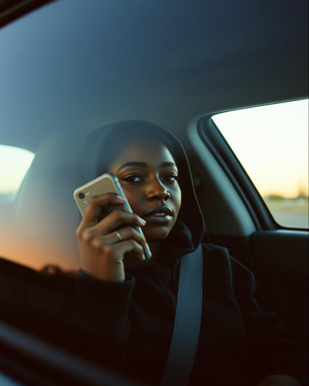 Woman in her parked car recording a voice note at dawn