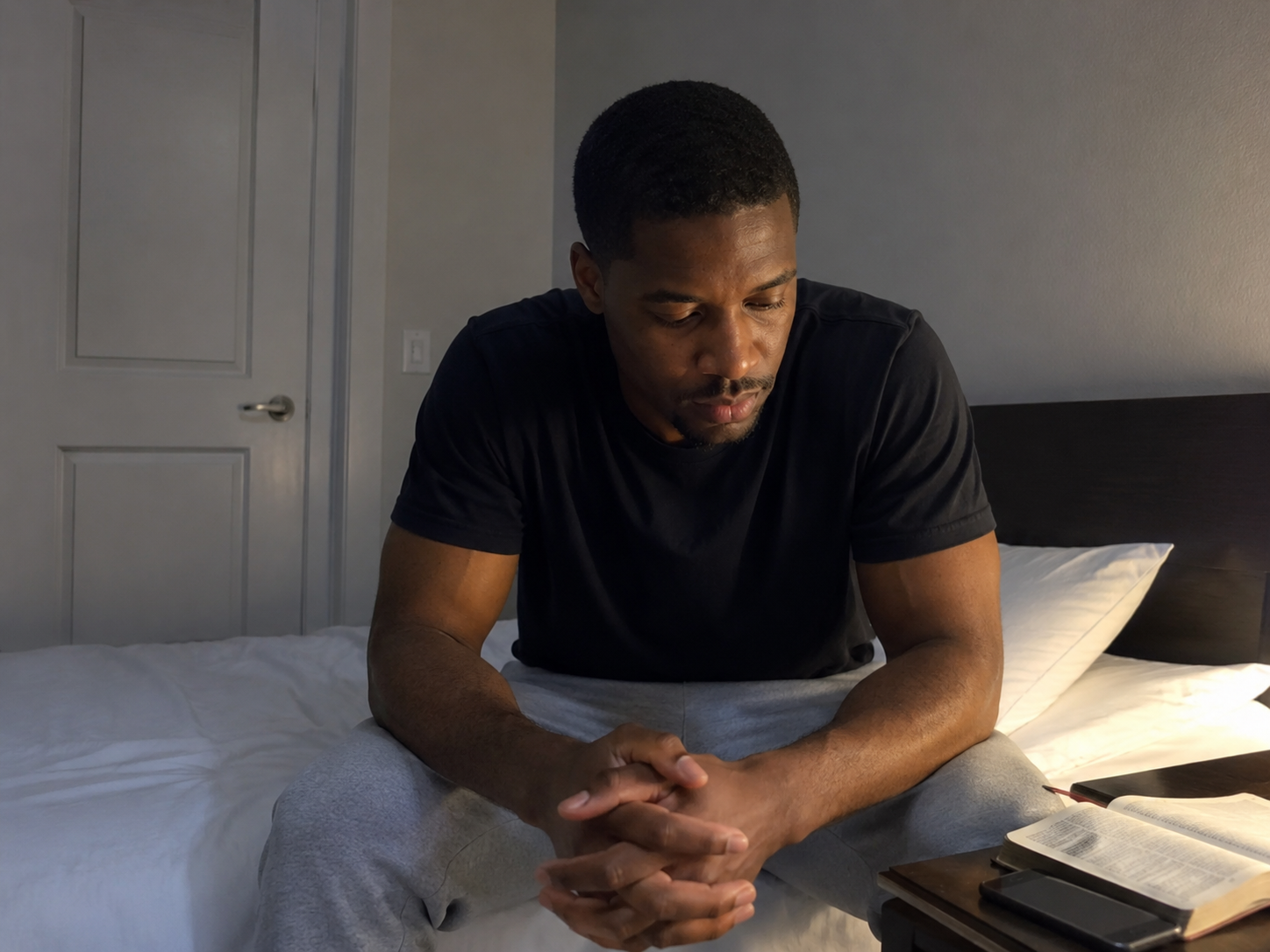 A man sitting on the edge of his bed at dawn, hands clasped in quiet reflection